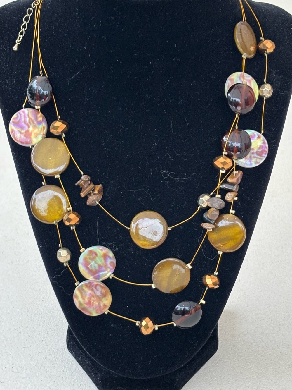 Multi-Strand Glass Bead Necklace in Amber and Iridescent Pink